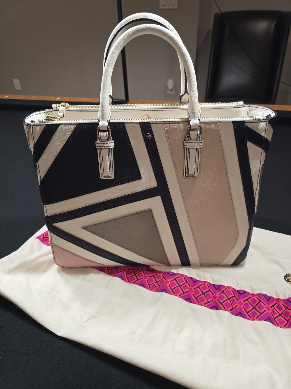 Tory Burch Geometric Panel Tote Bag - White, Black, Pink, Taupe